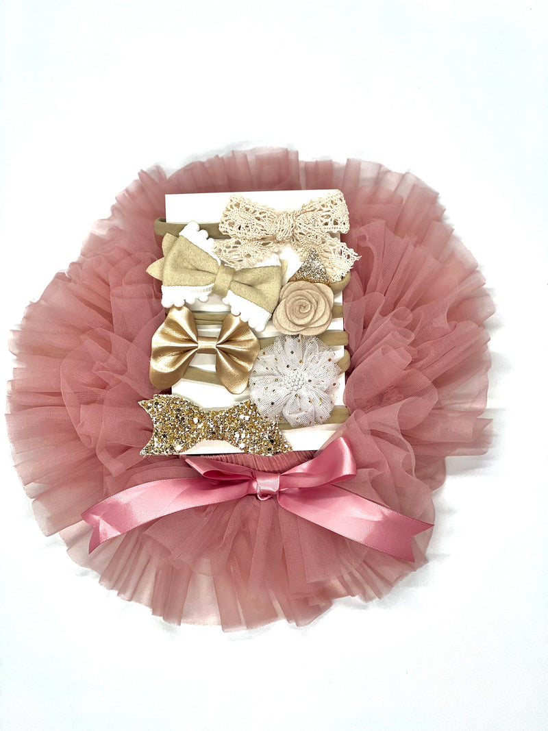 PINK AND GOLD NEWBORN TUTU BOW SET