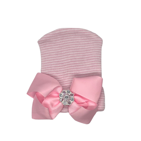 WHITE AND PINK STRIPED/JEWEL BOW HOSPITAL HAT