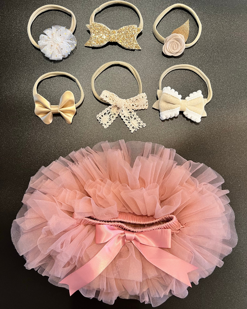 PINK AND GOLD NEWBORN TUTU BOW SET